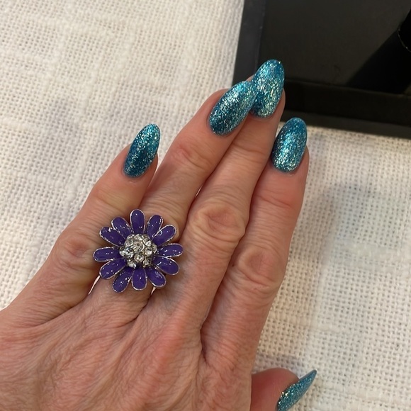 💐5/25 purple enamel sunflower bold large statement ring stretch band rhinestone - Picture 3 of 7